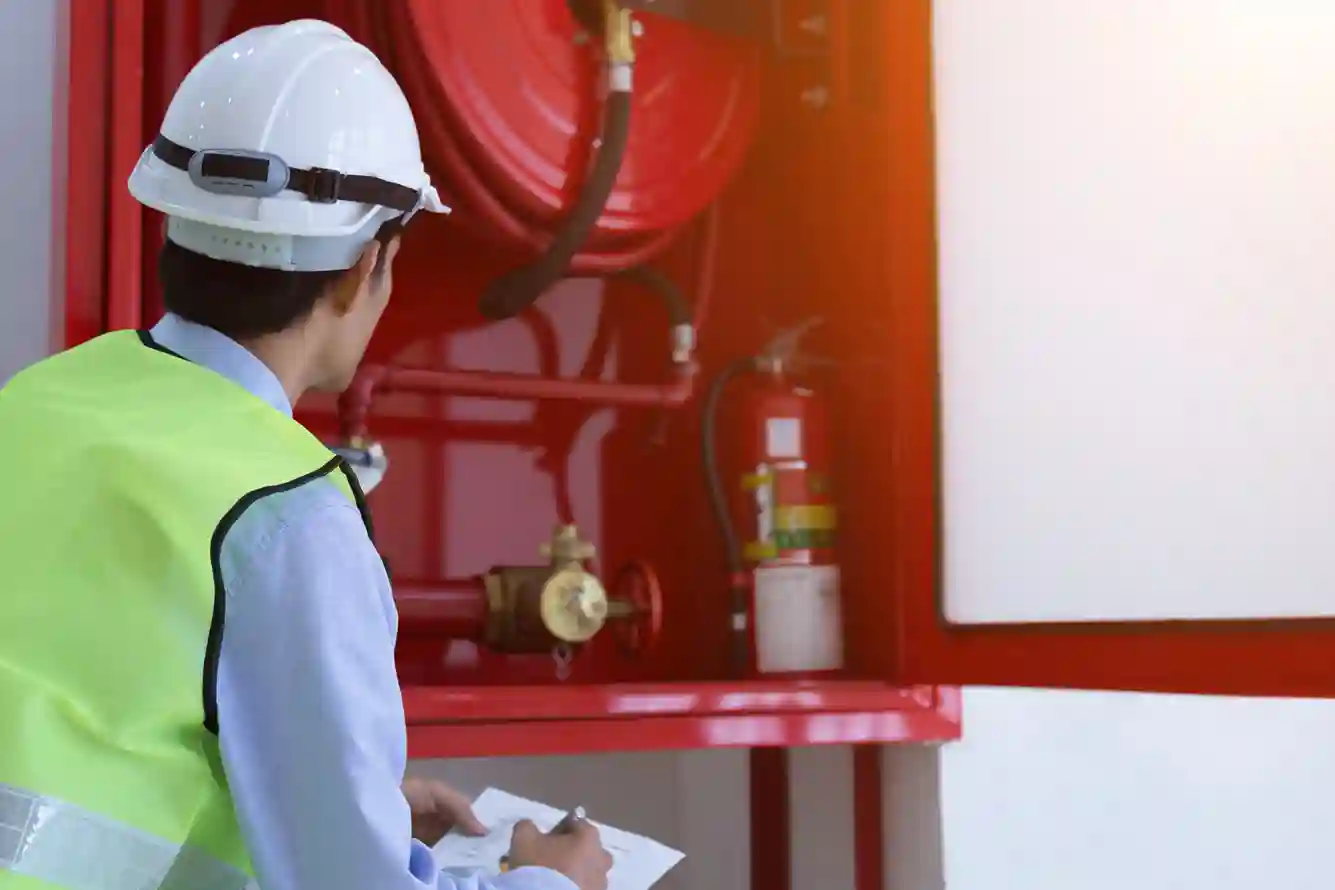 A person wearing a safety vest and hard hat inspects a building’s fire hose and extinguisher cabinet, taking notes on a clipboard to ensure regulatory compliance of fire risk assessments.