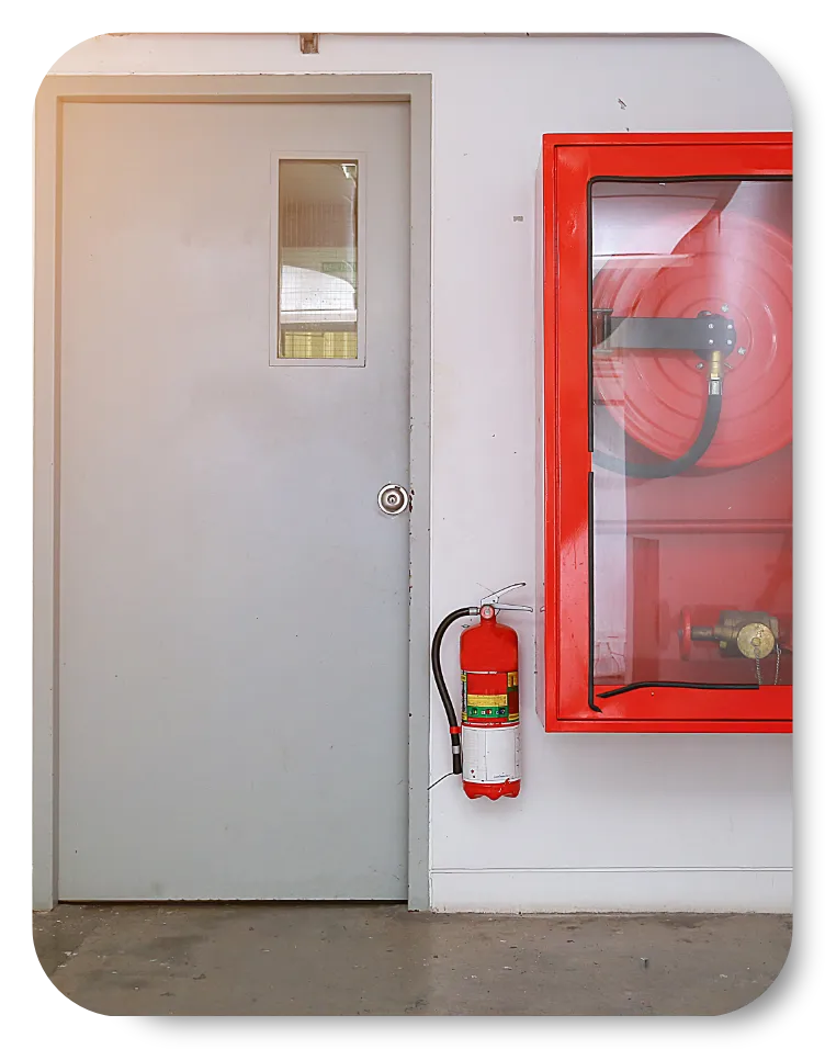 Fire safety equipment including a fire extinguisher and a fire hose reel mounted on a white wall next to a gray door with a small rectangular window.